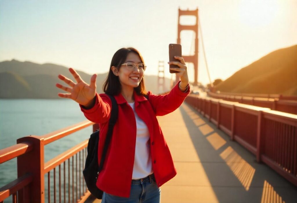 Female chinese tourist taking selfie on golden gate bridge