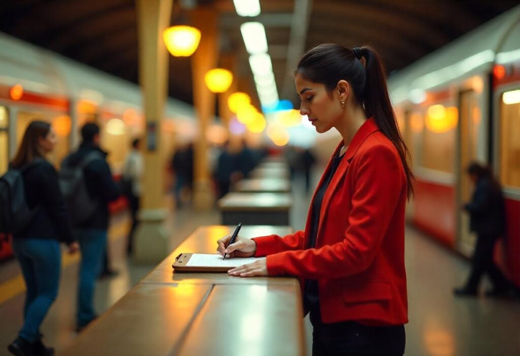 Woman creating a checklist in the table for bus travel precautions and safety
