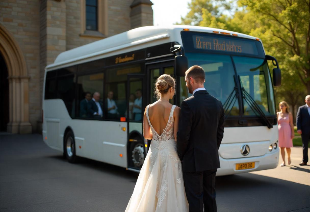 Wedding couple in back view with white bus outside the church
