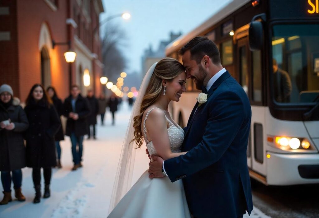 Wedding couple standing in the busy street with a white bus in the background