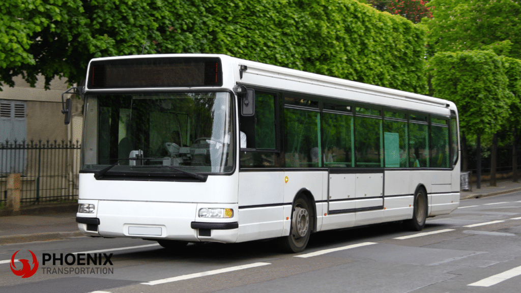 White Charter Bus with Bathroom Features