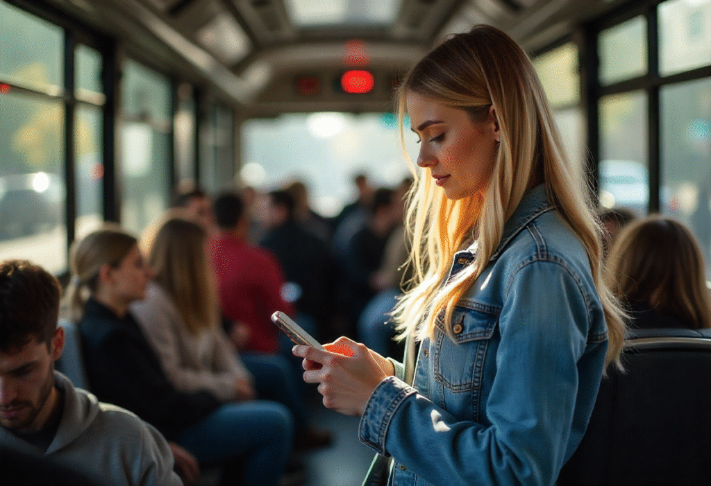 Woman wearing a blue denim jacket and jeans, charging her phone in a crowded city bus during a sunny summer afternoon.