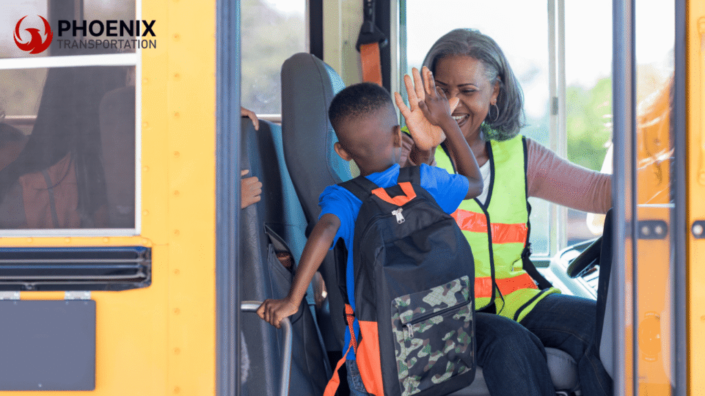 Female School Bus Driver Doing High-Five with the Child Student