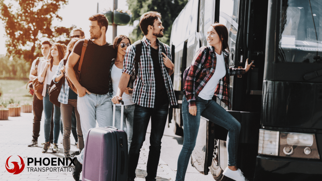 A group of cheerful young adults boarding a bus for event transportation services at a San Francisco festival.