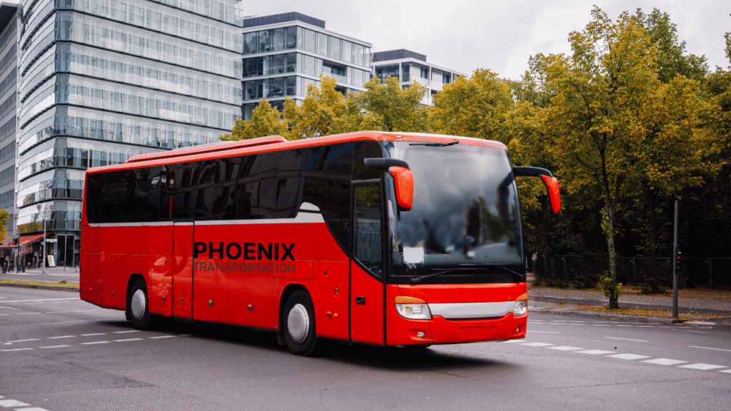 Campus Red Modern Charter Bus Outside the School Campus