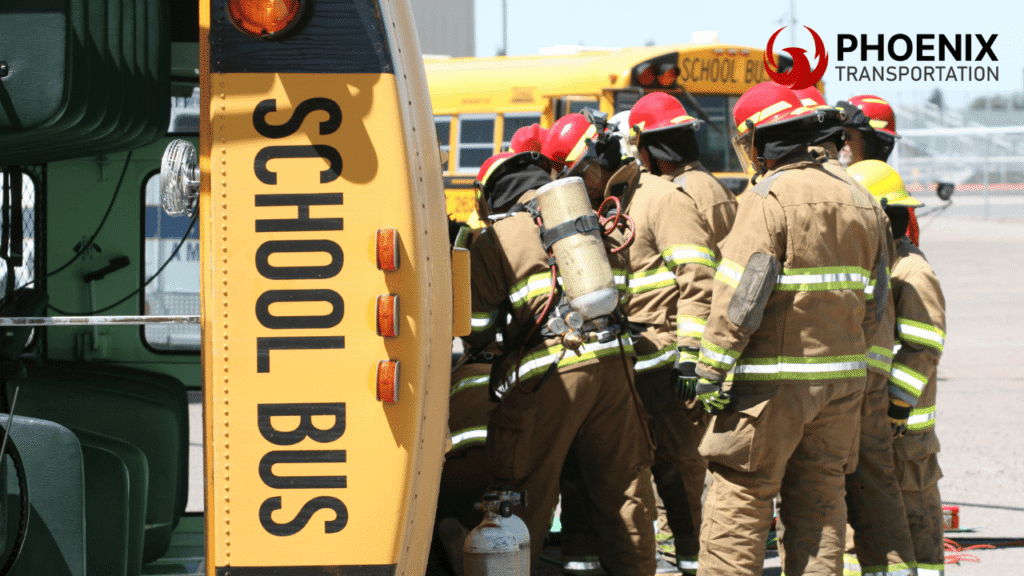 Firefighters in full gear, with oxygen tanks, gather near a yellow school bus during a rescue operation. The mood is urgent and focused.