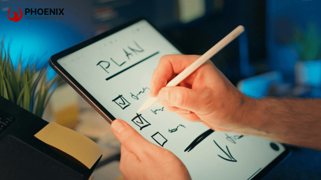 A person writes a checklist labeled "Plan" on a digital tablet with a stylus in a modern workspace, planning the perfect bus itinerary.