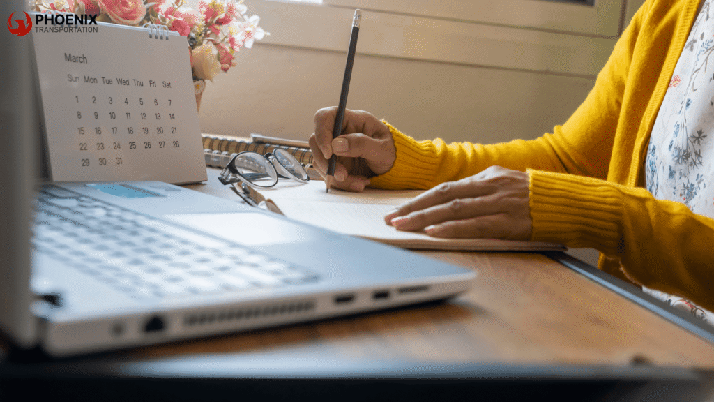 Organized workspace with a person noting essential factors for choosing a commuting route
