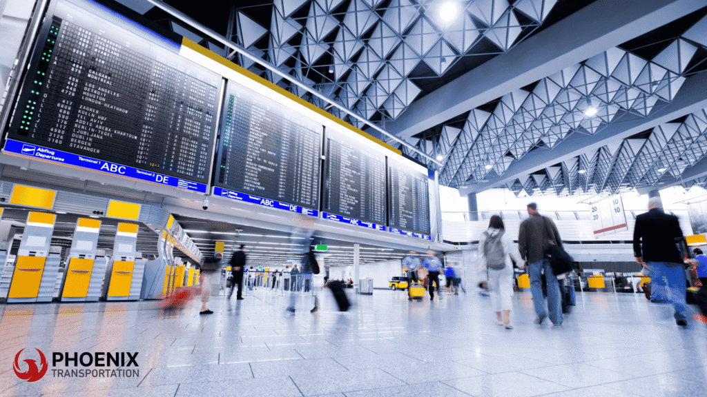 Professional airport transportation in Oakland at a busy terminal with travelers, suitcases, and a digital flight board overhead.