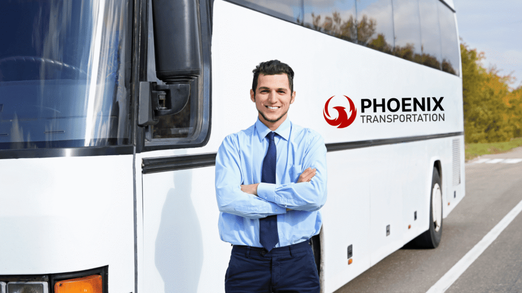 Professional Bus Driver with Modern White Charter Bus in the Background for Oakland Travel