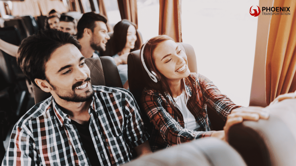 Smiling couple relaxing comfortably on an accessible Oakland bus