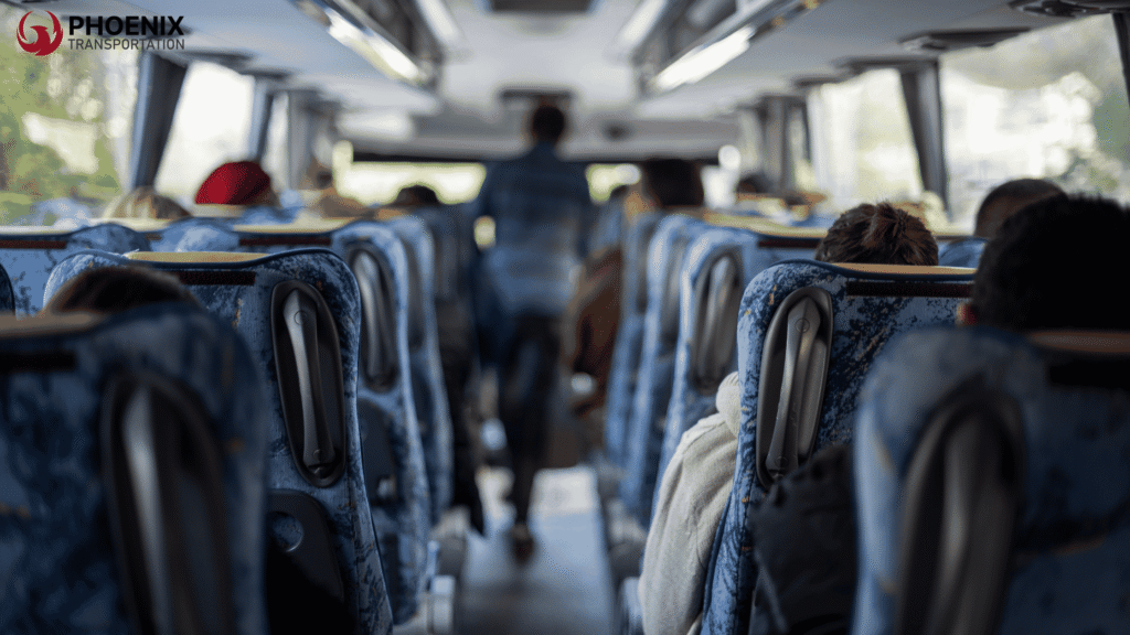 Bus interior inside highlighting passengers going to The Greek Theatre in Berkeley