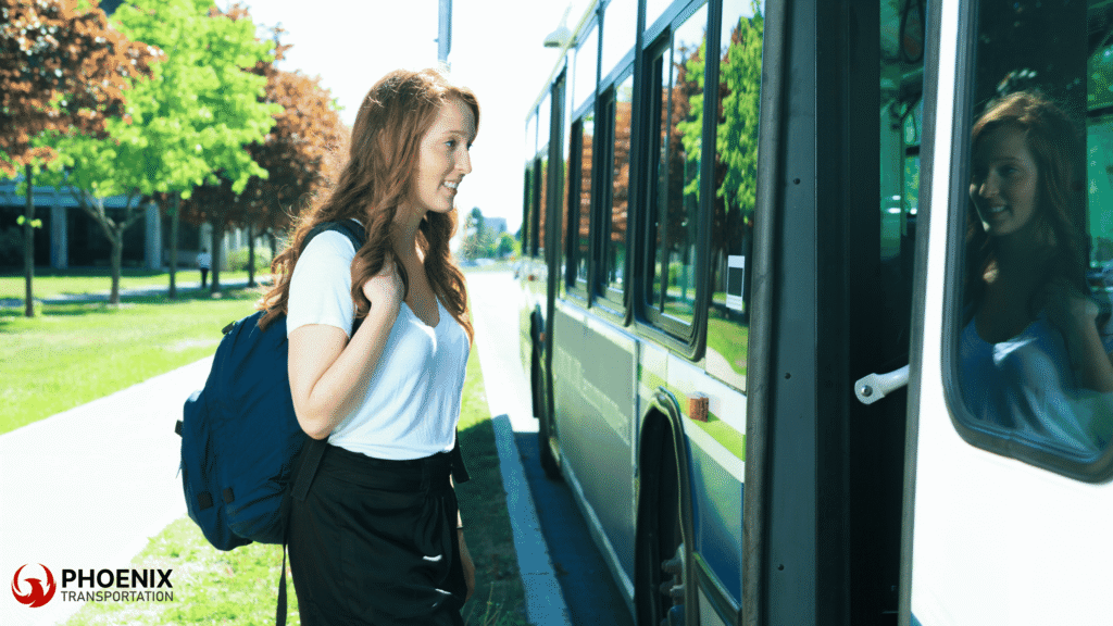 Corporate bus rentals becoming essential in Berkeley as a woman boards a Phoenix Transportation bus with a backpack.