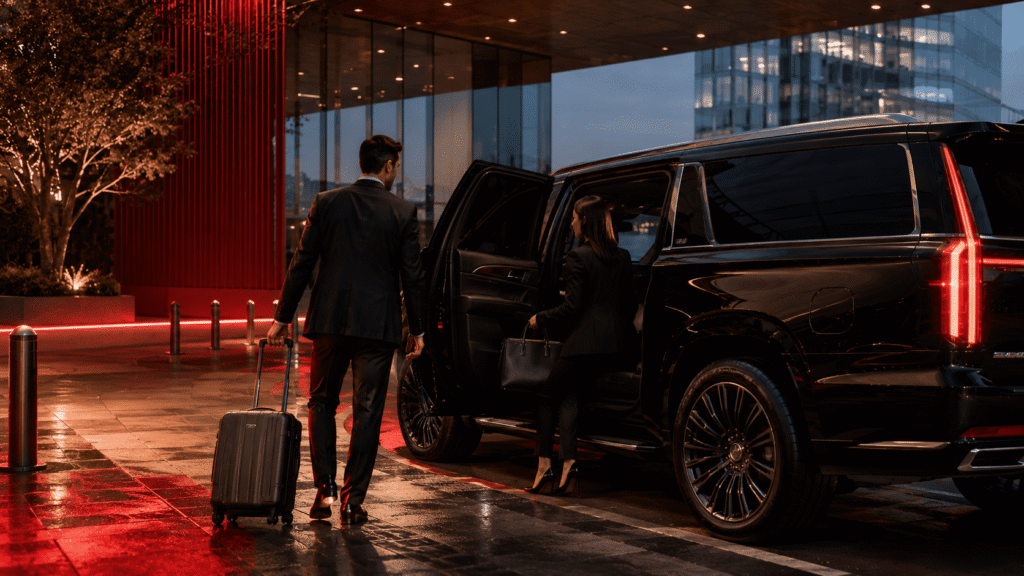 Luxury black SUV pickup with business travelers entering under modern city lights at night.