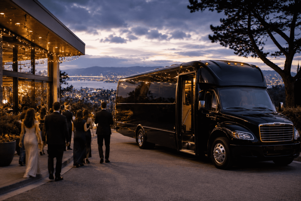 Luxury black wedding shuttle bus picking up guests at an elegant Berkeley venue during sunset.
