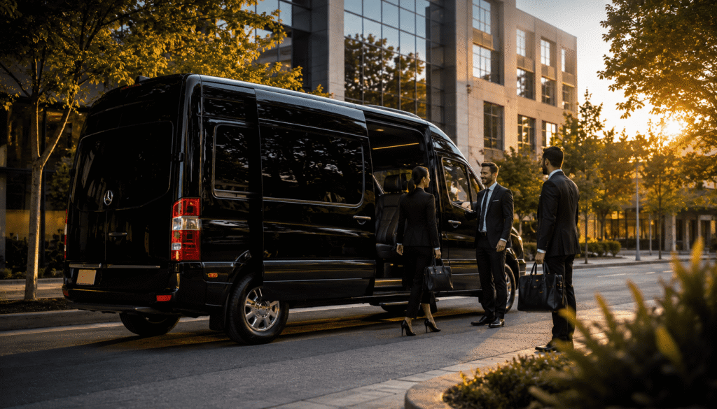 Luxury executive van parked on a Berkeley city street at sunset as business professionals in formal attire prepare for a corporate meeting.