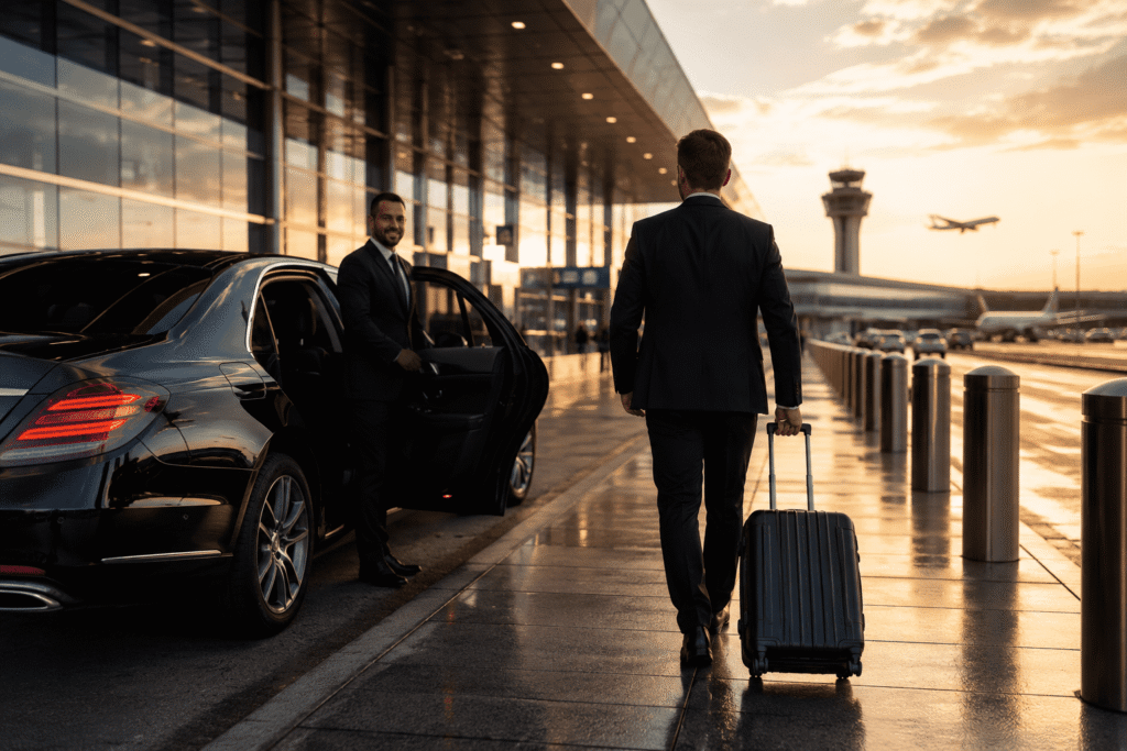 Luxury sedan pickup at airport terminal with chauffeur assisting a business traveler and luggage at sunset.