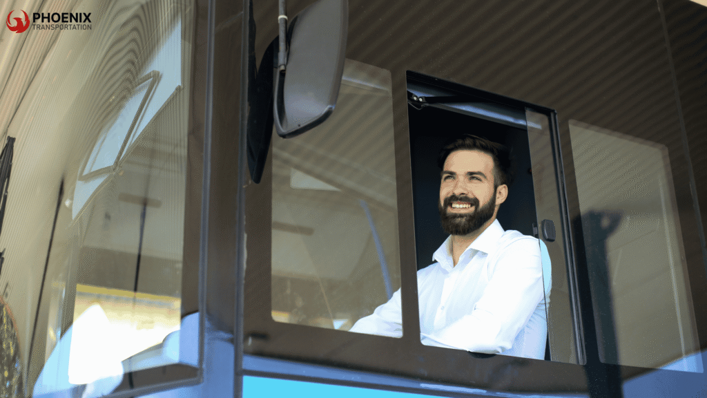 Smiling bus driver enjoying the benefits of choosing bus travel from Berkeley to San Francisco