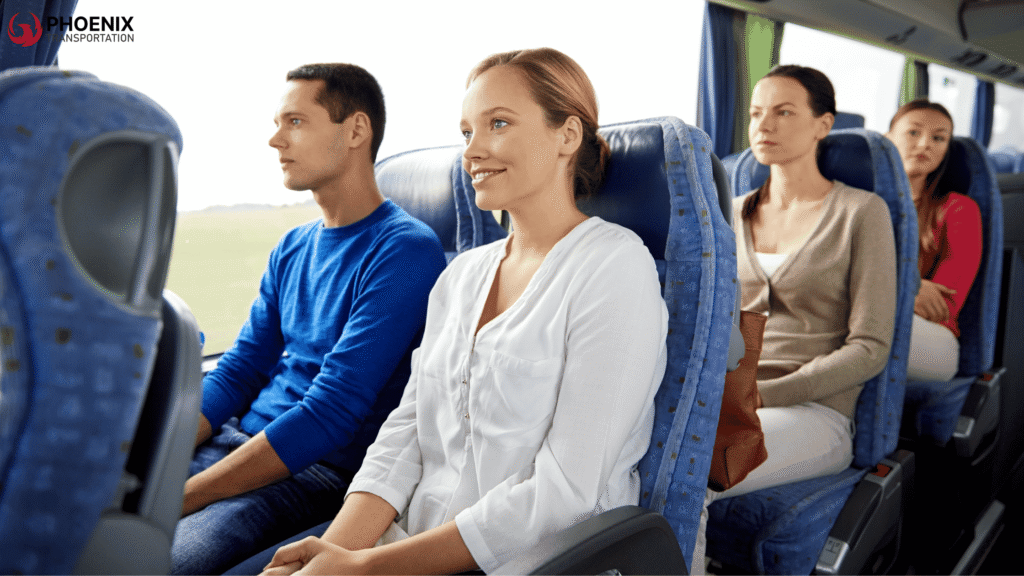 Smiling bus riders on blue seats enjoying a relaxed Berkeley commute.